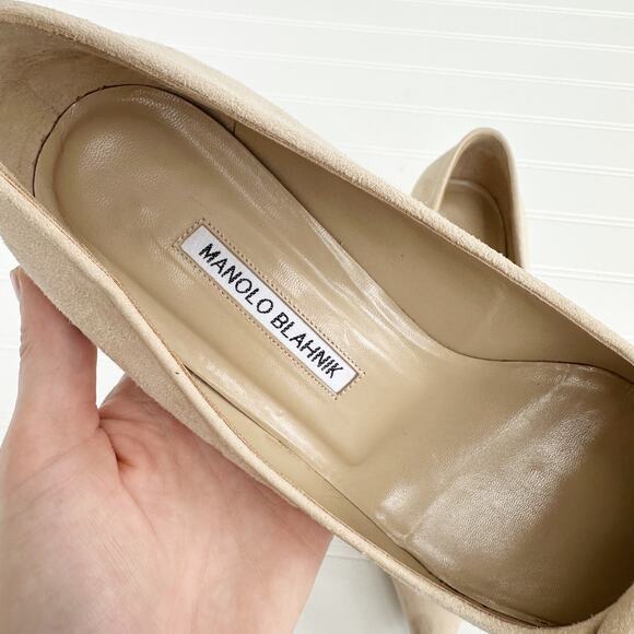 Manolo Blahnik Maysale Suede Tan Buckle Kitten Heel Pumps Nude Pointed Toe 40 - Picture 5 of 10